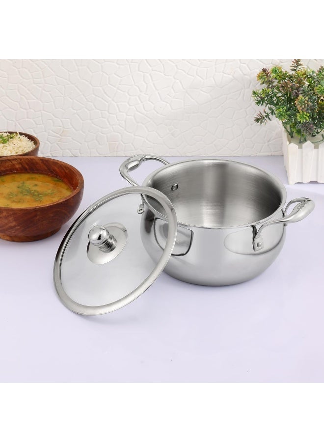 VINOD Belly Shape Platinum Triply Stainless Steel Saucepot - 1.7 Litre, 16cm | Glass Lid | Biryani Pot | Rivetted Handle | Induction & Gas Base - Image 4