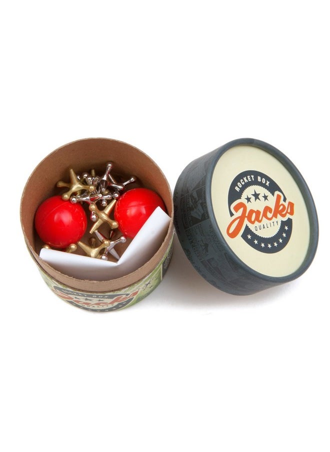 Rocket Box Jacks Game: Retro Toys, Vintage, Classic Games Of Jacks, Gold And Silver Toned Jax, Two Red Bouncy Balls, Fun Toys For Kids And Adults Of All Ages. Family Board Games Night. Travel Size.  - Image 3