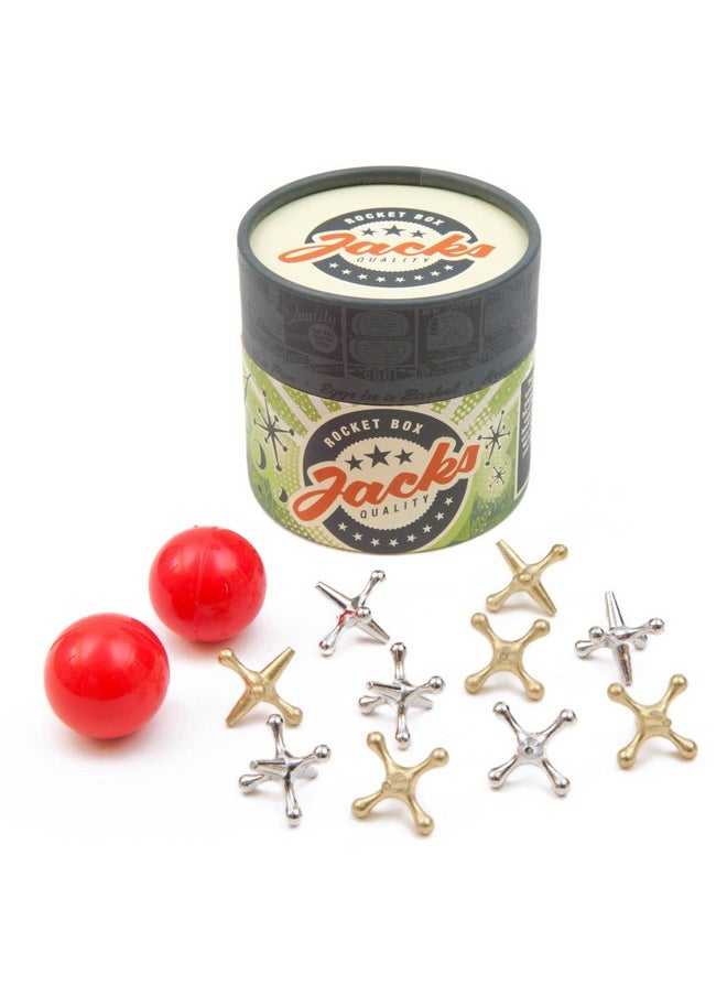 Rocket Box Jacks Game: Retro Toys, Vintage, Classic Games Of Jacks, Gold And Silver Toned Jax, Two Red Bouncy Balls, Fun Toys For Kids And Adults Of All Ages. Family Board Games Night. Travel Size.  - Image 1
