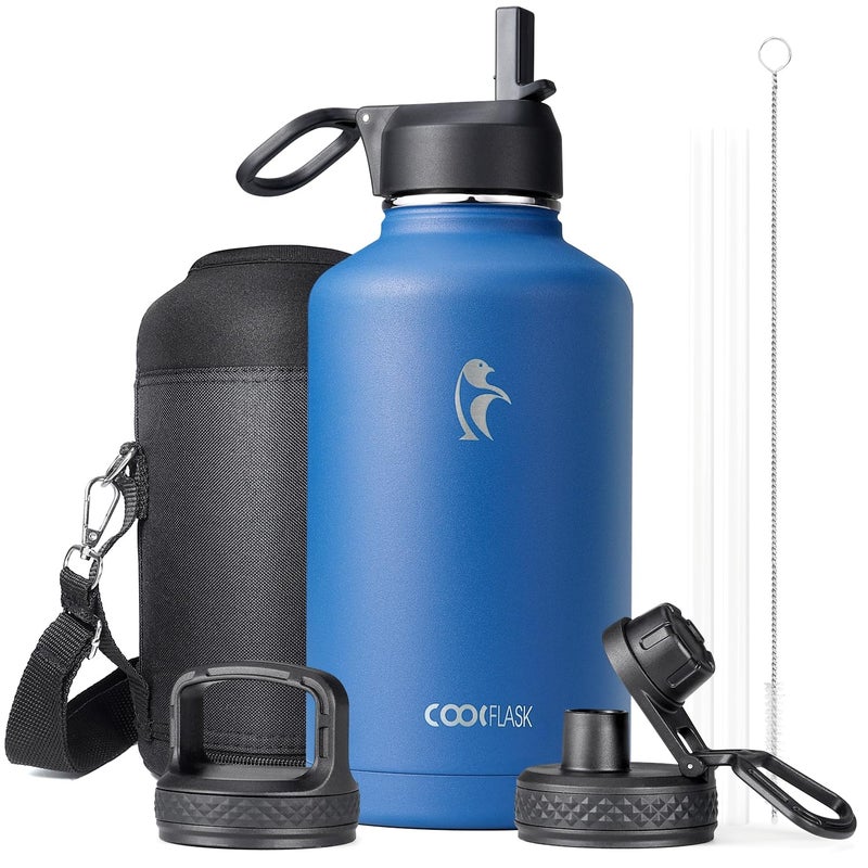 Water Bottle Insulated 64 oz with Straw  3 Lids Coolflask Half Gallon Water Jug Large Metal Stainless Steel Wide Mouth for Sports Gym or Office NonBPA Keep Cold 48H Hot 24H Kings Blue