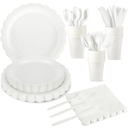 Xiangqu 175 Pcs White Paper Plates and Napkins, 25 Guest White Party Supplies Include Scalloped Plates Paper Napkin Cup Plastic Spoon Fork Knive for Baby Shower, Wedding, Birthday - Image 1
