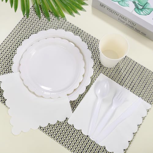 Xiangqu 175 Pcs White Paper Plates and Napkins, 25 Guest White Party Supplies Include Scalloped Plates Paper Napkin Cup Plastic Spoon Fork Knive for Baby Shower, Wedding, Birthday - Image 4
