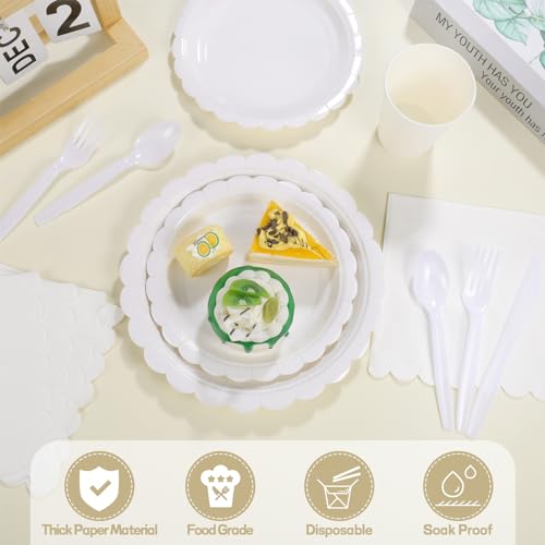 Xiangqu 175 Pcs White Paper Plates and Napkins, 25 Guest White Party Supplies Include Scalloped Plates Paper Napkin Cup Plastic Spoon Fork Knive for Baby Shower, Wedding, Birthday - Image 3
