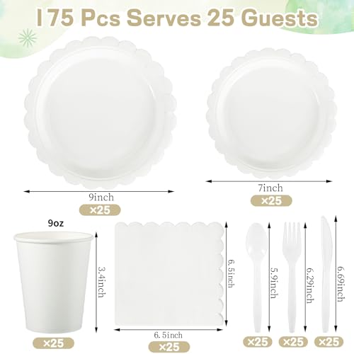 Xiangqu 175 Pcs White Paper Plates and Napkins, 25 Guest White Party Supplies Include Scalloped Plates Paper Napkin Cup Plastic Spoon Fork Knive for Baby Shower, Wedding, Birthday - Image 2