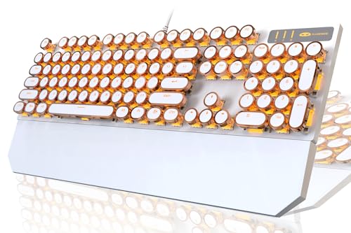 Typewriter Style Mechanical Keyboard Retro Punk Gaming Keyboard with Gold LED Backlit Cute Wired Keyboards104 Keys Full Size Keyboards Uique Round Keycaps for WindowsMacPCWhiteGold