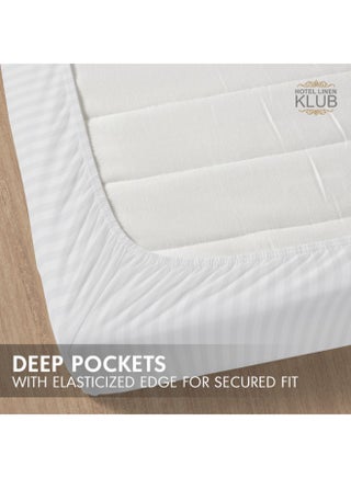 1-Piece Microfiber Fitted Sheet, Striped,Color: White, Super King (200 x 200 cm),Design Soft Fabric Deep Pocket Elastic Edge Bed Linen - view 4