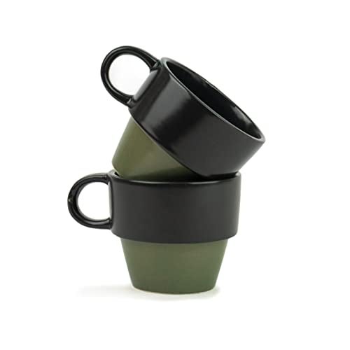 Shay Ceramic Tea Cup Set of 6, Stackable Design, Black Olive, 200ml | Matte Finish | Premium Stoneware | Tea Cup Set (Stackable Cups - Olive) - Image 1