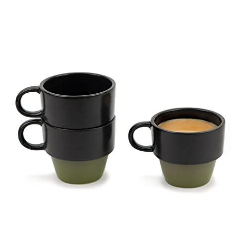 Shay Ceramic Tea Cup Set of 6, Stackable Design, Black Olive, 200ml | Matte Finish | Premium Stoneware | Tea Cup Set (Stackable Cups - Olive) - Image 2