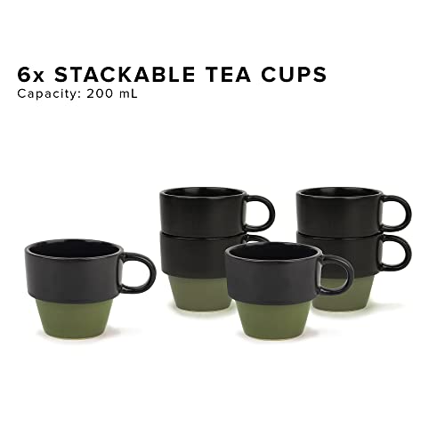 Shay Ceramic Tea Cup Set of 6, Stackable Design, Black Olive, 200ml | Matte Finish | Premium Stoneware | Tea Cup Set (Stackable Cups - Olive) - Image 3