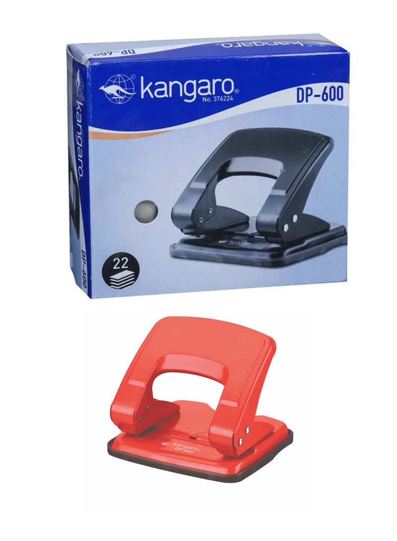 Kangaro 1-Piece DP-600 Two Hole Medium Paper Punch 22 Sheet Capacity Assorted Colours - Image 1
