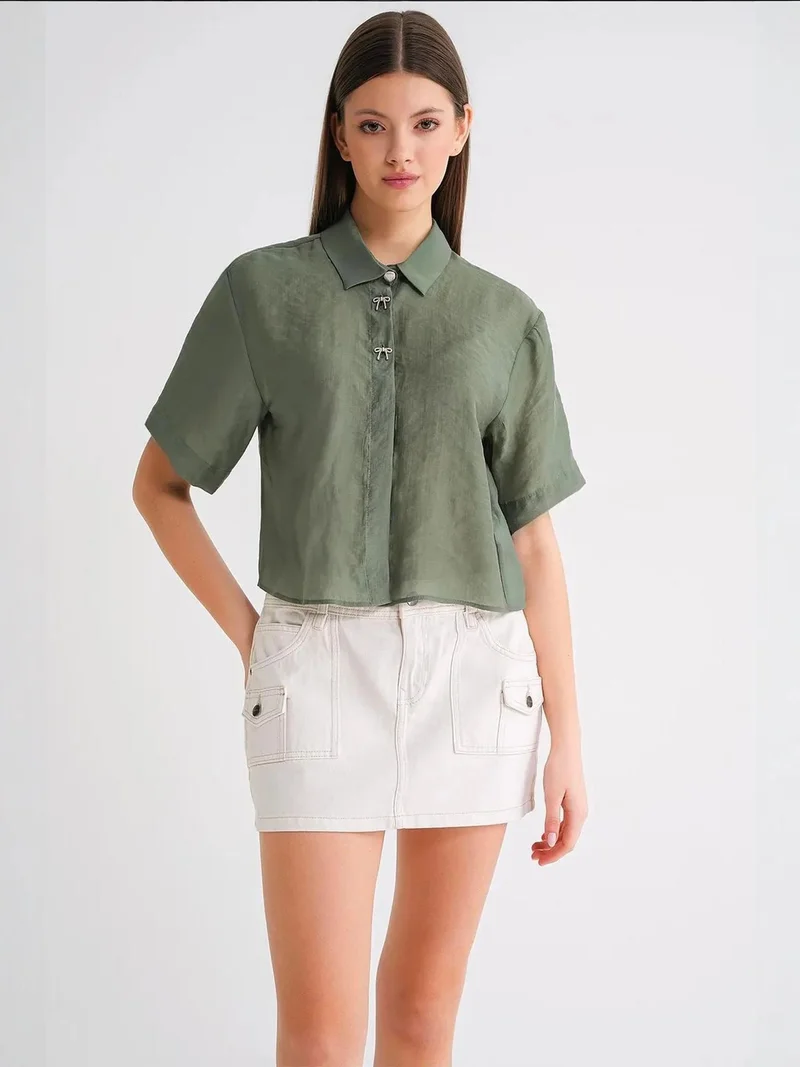 MixRay Mixray Short Sleeve Crop Shirt with Stone Accessories