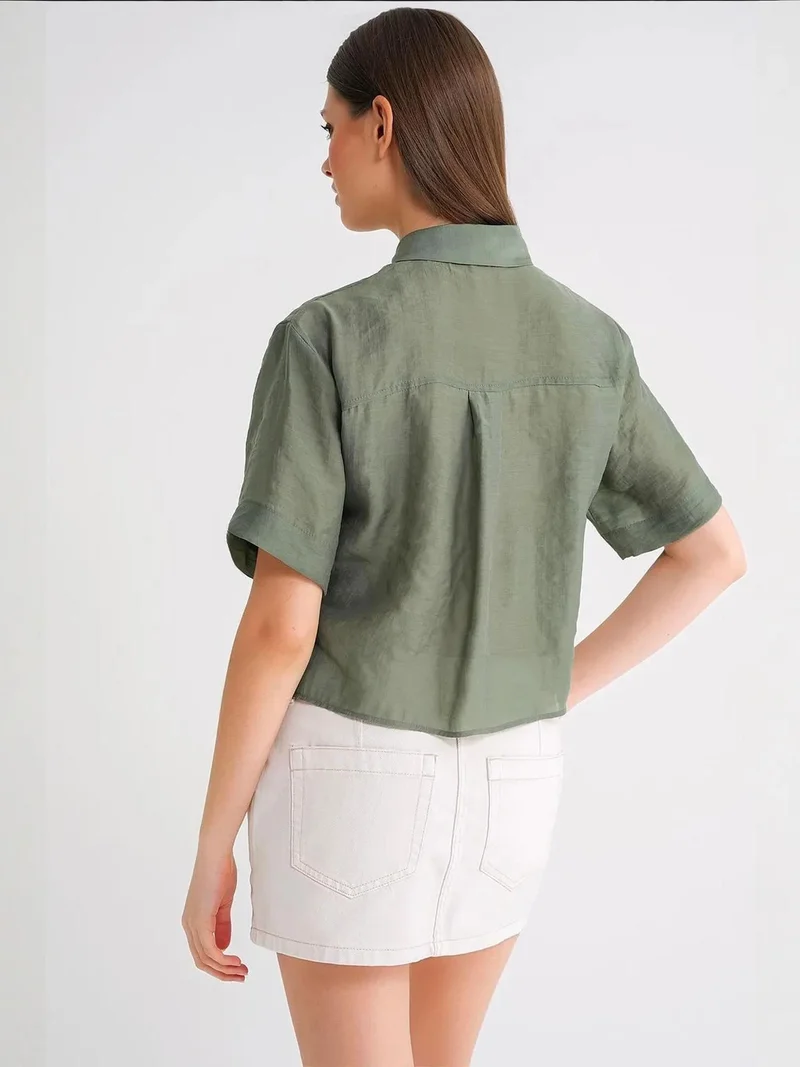 Mixray Khaki Green Mixray Short Sleeve Crop Shirt with Stone Accessories for Women | Best Price UAE