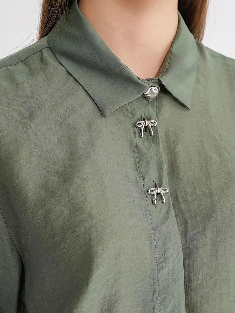 Mixray Khaki Green Mixray Short Sleeve Crop Shirt with Stone Accessories for Women | Best Price UAE