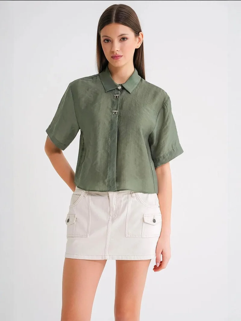 Mixray Khaki Green Mixray Short Sleeve Crop Shirt with Stone Accessories for Women | Best Price UAE