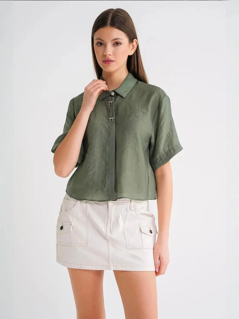 Mixray Khaki Green Mixray Short Sleeve Crop Shirt with Stone Accessories for Women | Best Price UAE