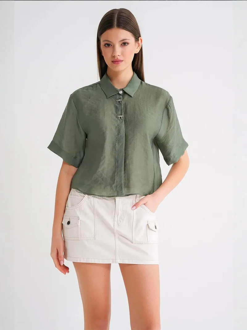 Mixray Khaki Green Mixray Short Sleeve Crop Shirt with Stone Accessories for Women | Best Price UAE