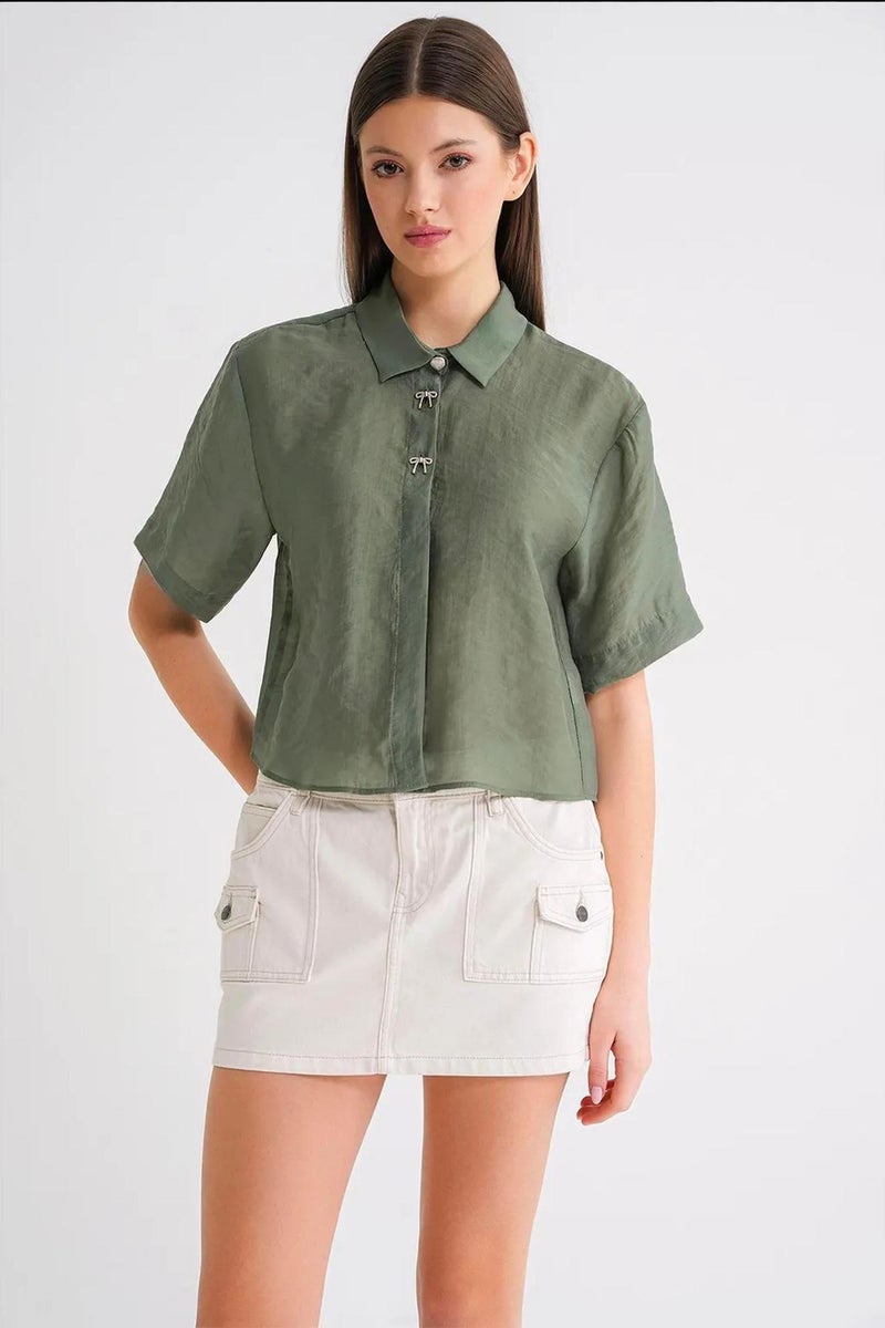 Mixray Short Sleeve Crop Shirt with Stone Accessories - Image 4