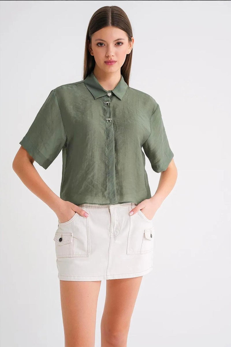 Mixray Short Sleeve Crop Shirt with Stone Accessories - Image 1