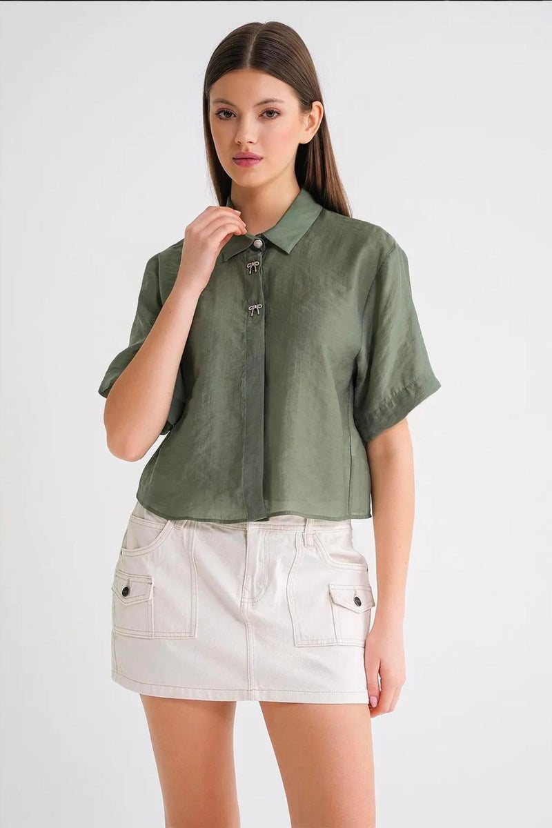 Mixray Short Sleeve Crop Shirt with Stone Accessories - Image 5