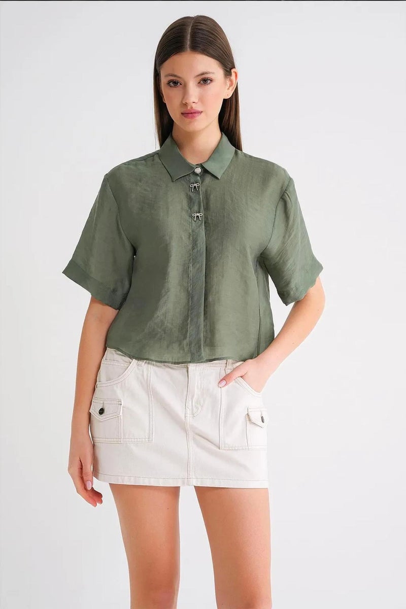 Mixray Short Sleeve Crop Shirt with Stone Accessories - Image 3