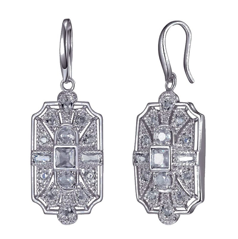 Silver Tone Geometric Classic Art Deco Flapper Antique Retro Style Wedding Bridal Prom Formal Gatsby Party Rhinestone Dangle Earrings