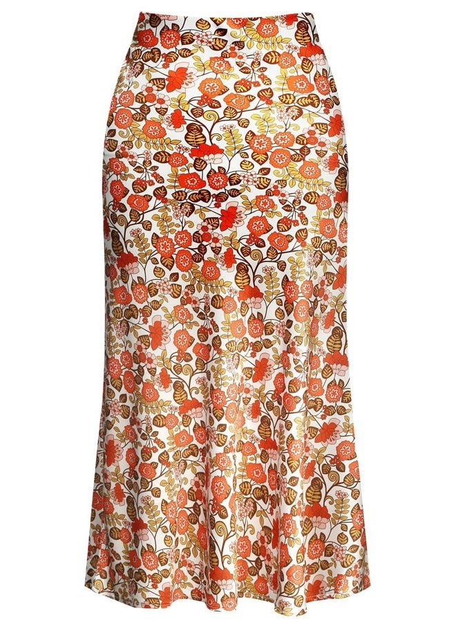 Keasmto Womens Floral Skirts Midi Length High Waist Silk Satin Elasticized A Line Summer Casual Boho Flower Skirt Orange Floral-04 S - Image 1