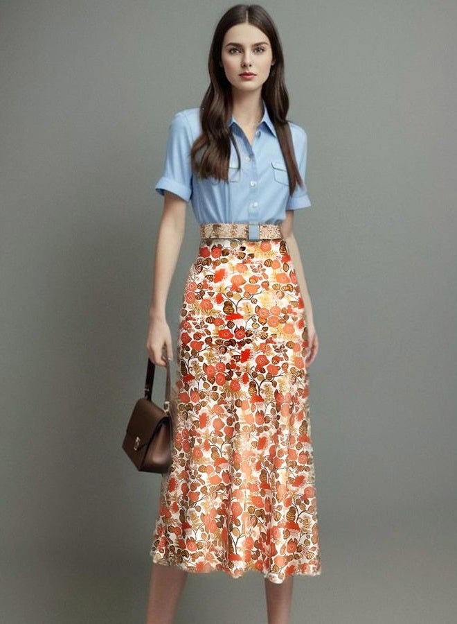 Keasmto Womens Floral Skirts Midi Length High Waist Silk Satin Elasticized A Line Summer Casual Boho Flower Skirt Orange Floral-04 S - Image 2
