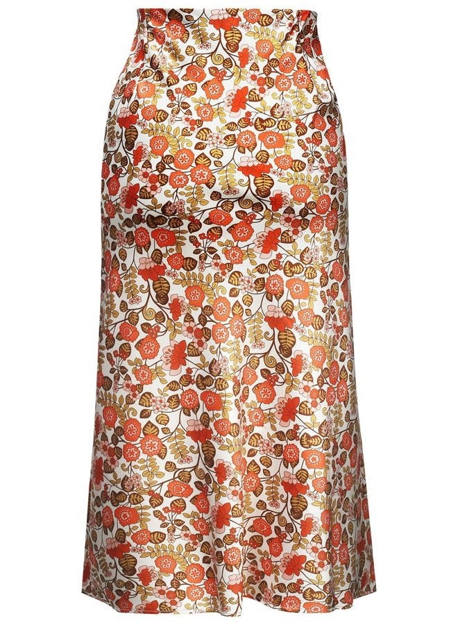 Keasmto Womens Floral Skirts Midi Length High Waist Silk Satin Elasticized A Line Summer Casual Boho Flower Skirt Orange Floral-04 S - Image 4