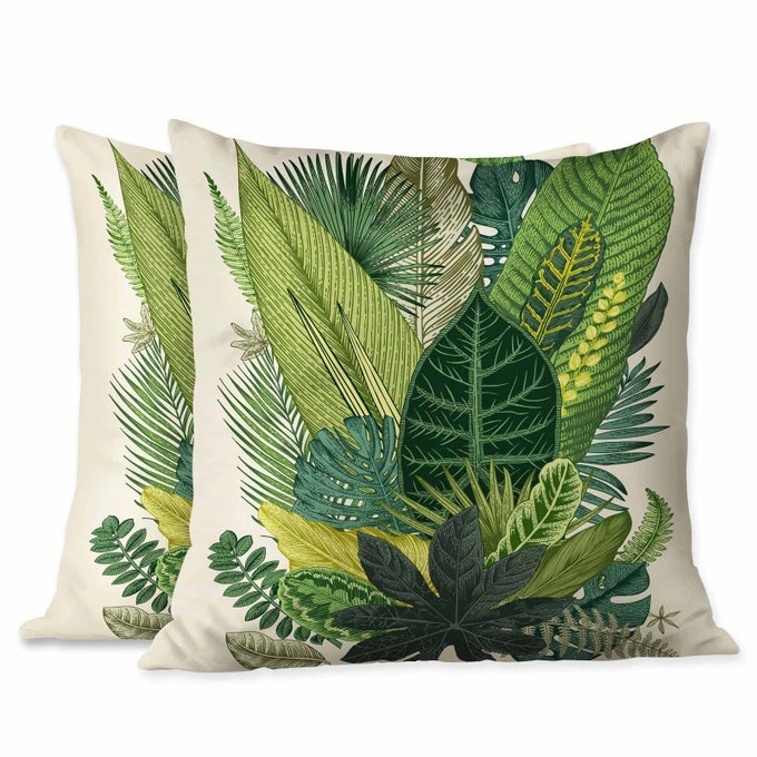 PILLOWCASE GREEN TROPICAL PALM TREE BANANA LEAF ALOCASIA FERN MONSTERA SET OF 2 SQUARETHROW PILLOW COVERS DECORATIVE FOR COUCH AND BED FOR BOY GIRL 18X18 INCHES
