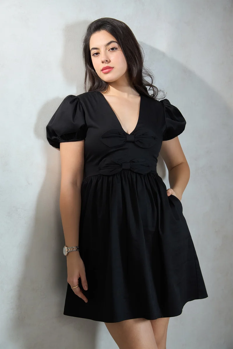فيرجيو Solid Cotton Stretch Black Mini Bow Dress for Women
