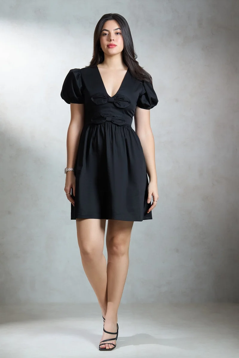 فيرجيو Solid Cotton Stretch Black Mini Bow Dress for Women