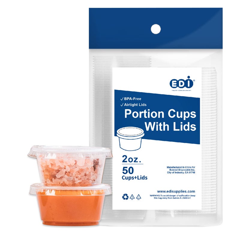 EDI  Clear Disposable Plastic Portion Cups with Leakproof Lids  Jello Shot Condiment and Dipping Sauce Souffle  BPA Free Recyclable 2 OZ 50 Sets