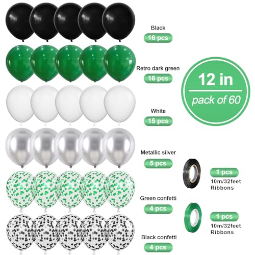 Biapian Dark Green Balloons Set, 60 PCs Green Black Party Balloons, Confetti & Metallic Silver Latex for Helium, Boys' Video Game Football Theme Decor - Image 2