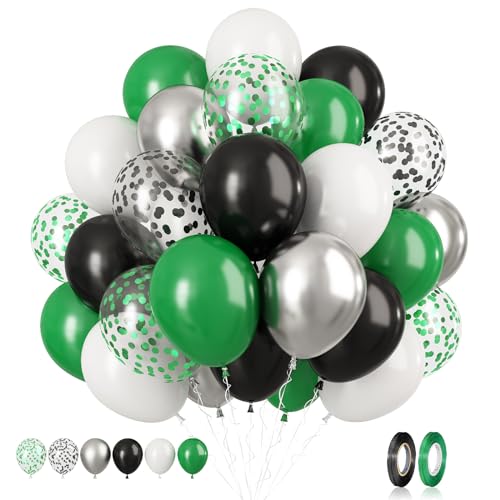 Biapian Dark Green Balloons Set, 60 PCs Green Black Party Balloons, Confetti & Metallic Silver Latex for Helium, Boys' Video Game Football Theme Decor - Image 1