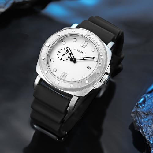 SINOBI Watches for Men with Calendar, Rotating Bezel and Small Seconds Dial Silicone Strap Water-Resistant Mens Watch (Silver-White) - Image 4