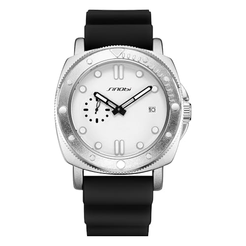 SINOBI Watches for Men with Calendar, Rotating Bezel and Small Seconds Dial Silicone Strap Water-Resistant Mens Watch (Silver-White) - Image 1