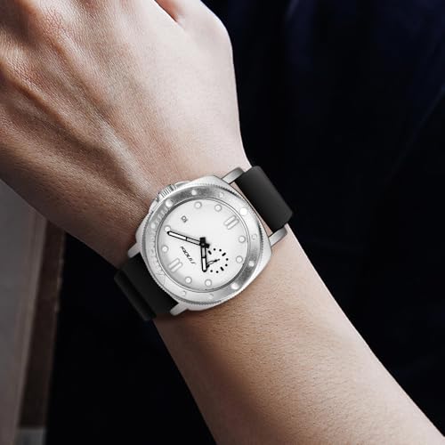 SINOBI Watches for Men with Calendar, Rotating Bezel and Small Seconds Dial Silicone Strap Water-Resistant Mens Watch (Silver-White) - Image 2