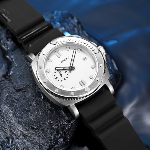 SINOBI Watches for Men with Calendar, Rotating Bezel and Small Seconds Dial Silicone Strap Water-Resistant Mens Watch (Silver-White) - Image 3