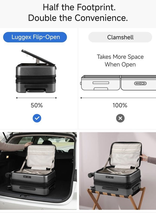 LUGGEX Carry On Luggage Top Opening, FLT Expandable Polycarbonate Hard Shell Suitcase with Wheels (FX-Lite), Charcoal Metallic, Carry-On 20-Inch, Trunk Style Luggage - Image 3