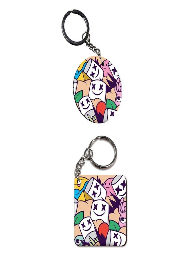 Plan To Gift Set of 2 | Circle & Square Shape Printed Wooden Keychains Mashmallos texture | Circle & Square Shape keyrings | Circle & Square Shape Keychains| Printed keyrings - Image 2