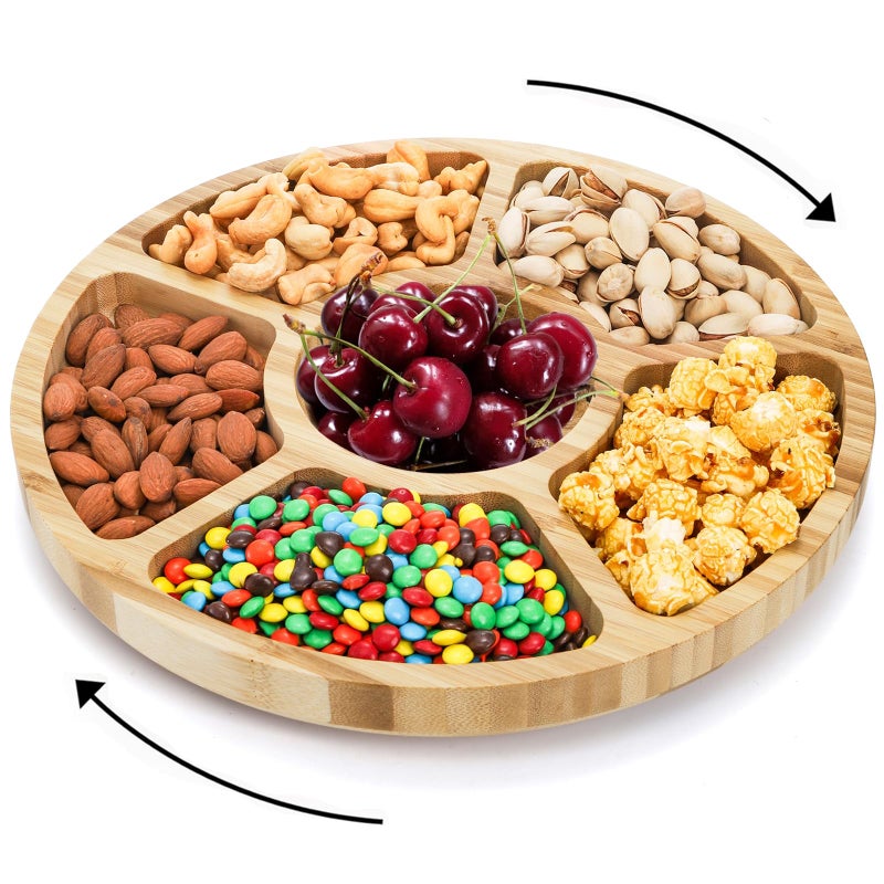 Dicunoy Divided Serving Dish Tray 13 Bamboo Rotatable Veggie Fruit Platter Lazy Susan Relish Sectional Snack Container Bowls with 7 Compartments for Candy Appetizer Nuts Parties