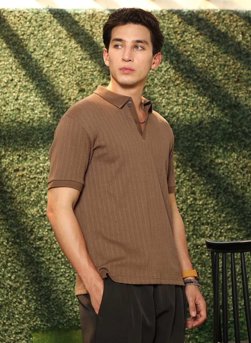 Campus Sutra Campus Sutra Men's Mocha Brown Furrow-Tactile Polo T-Shirt | Textured Knit Design With Ribbed Detailing & Polo Collar | Cotton-Blend Fabric For Casual & Street Wear | Breathable & Durable - Image 3