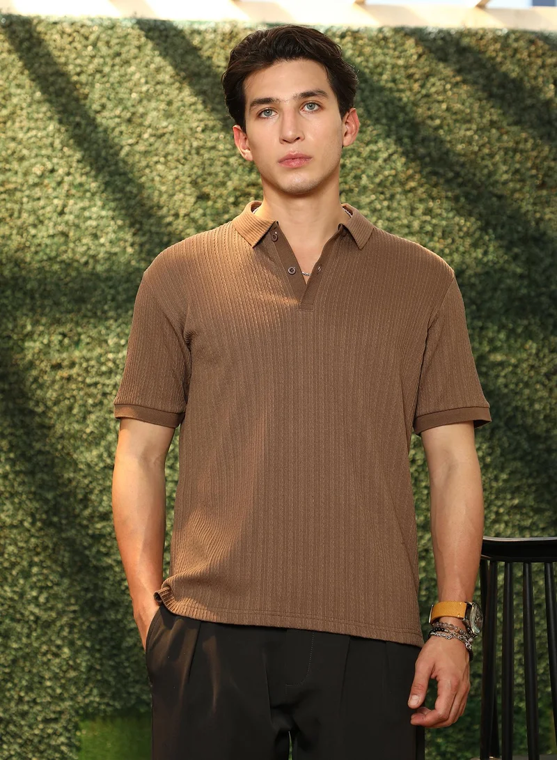 Campus Sutra Campus Sutra Men's Mocha Brown Furrow-Tactile Polo T-Shirt | Textured Knit Design With Ribbed Detailing & Polo Collar | Cotton-Blend Fabric For Casual & Street Wear | Breathable & Durable