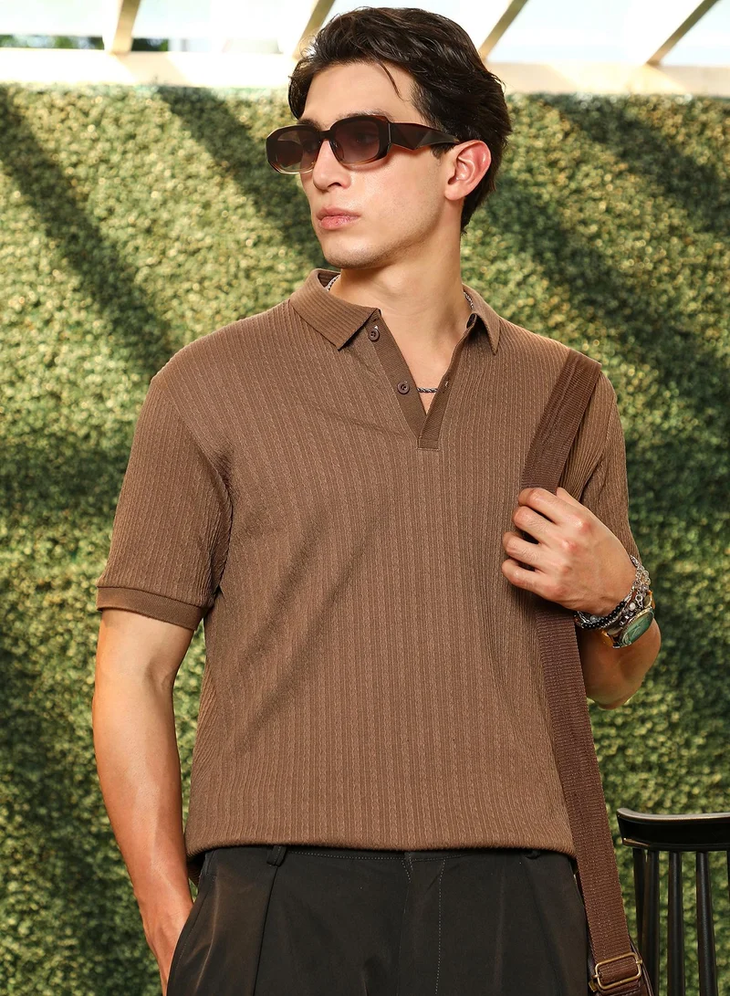 Campus Sutra Campus Sutra Men's Mocha Brown Furrow-Tactile Polo T-Shirt | Textured Knit Design With Ribbed Detailing & Polo Collar | Cotton-Blend Fabric For Casual & Street Wear | Breathable & Durable