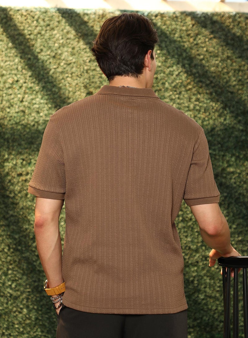 Campus Sutra Campus Sutra Men's Mocha Brown Furrow-Tactile Polo T-Shirt | Textured Knit Design With Ribbed Detailing & Polo Collar | Cotton-Blend Fabric For Casual & Street Wear | Breathable & Durable - Image 5