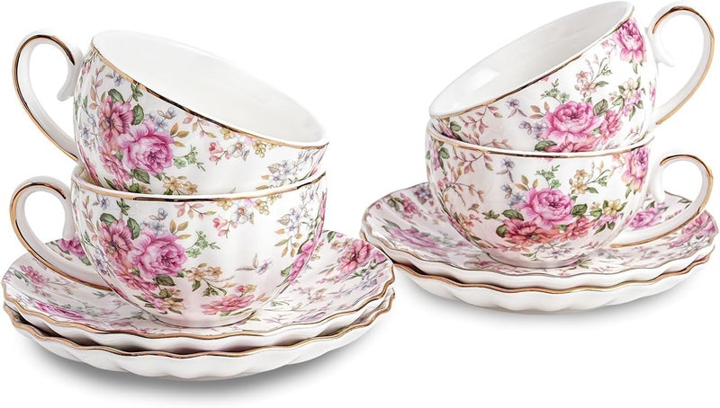 E - Ezra Tea Cup Set with Kettle, Sugar & Milk Pot for Hosting & Gatherings | 15 Pieces - 6 Cups, 6 Saucers, 1 Tea Kettle, 1 Milk & 1 Sugar Pot | Wide Mouth Latte Cups - Image 5