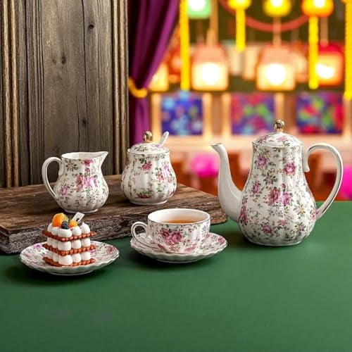 E - Ezra Tea Cup Set with Kettle, Sugar & Milk Pot for Hosting & Gatherings | 15 Pieces - 6 Cups, 6 Saucers, 1 Tea Kettle, 1 Milk & 1 Sugar Pot | Wide Mouth Latte Cups - Image 1