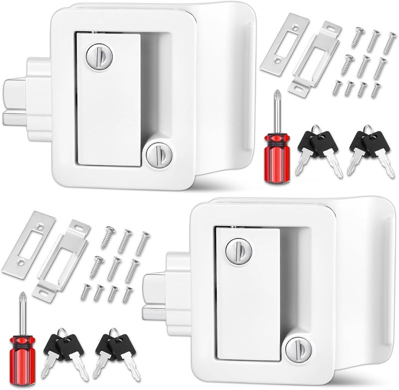 Ramkle 2 Pack RV Door Locks for Travel Trailers with Paddle Deadbolt, 100% Metal Camper Entry Door Latch, RV Lock Replacement Kit with Keys, for Cargo Hauler Horse Trailer Truck - White - Image 1