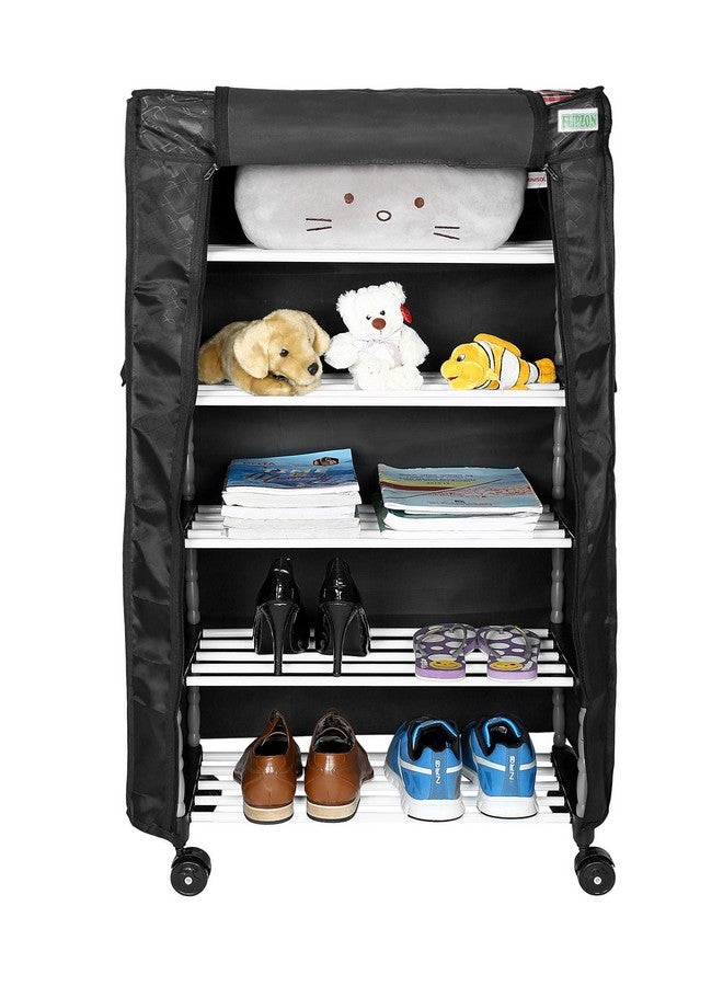 FLIPZON Multipurpose 5 Shelves/Layer Shoe Rack Organizer with Wheels and Dustproof Cover | Portable Smart Storage Rack Organizer with Zip Cover Easy to Move (Metal & Plastic, Multicolour) - Image 1