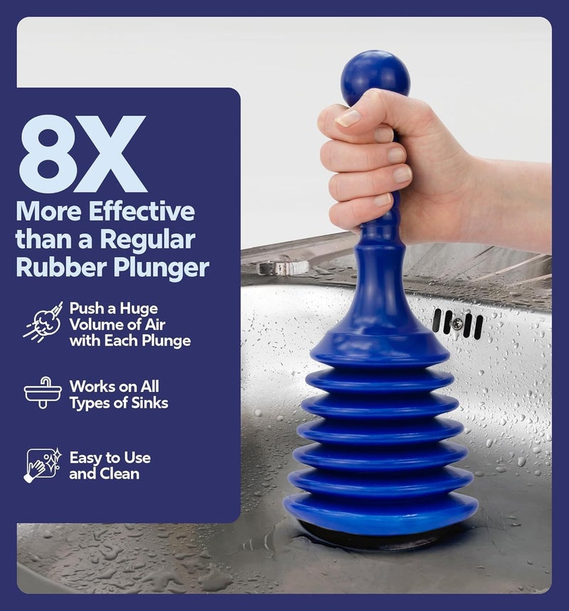 Luigi's Sink Plunger Kitchen - Sink Plunger Bathroom - Drain Bathtub or Shower - Small and Powerful Clog Remover - Commercial Style "Plumbers Plungers" with Large Bellows - Blue - Small - Image 2